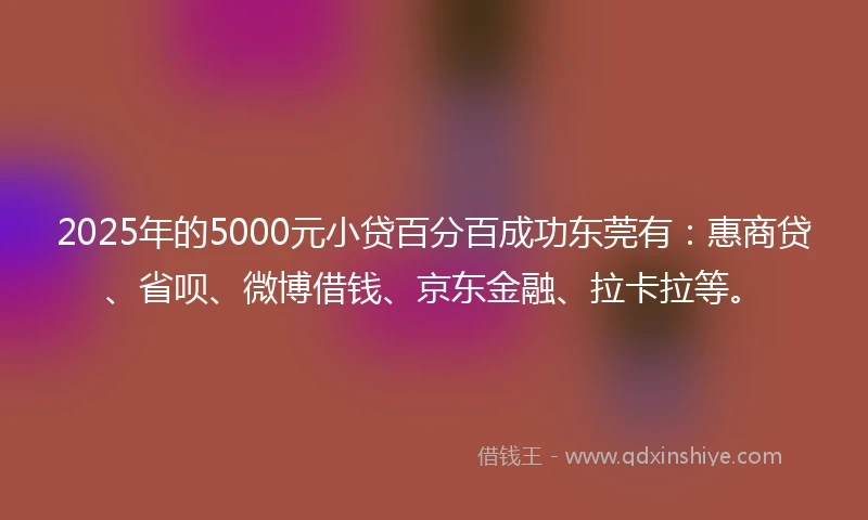 2025年的5000元小贷百分百成功东莞有：惠商贷、省呗、微博借钱、京东金融、拉卡拉等。