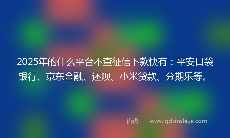 2025年的什么平台不查征信下款快有：平安口袋银行、京东金融、还呗、小米贷款、分期乐等。