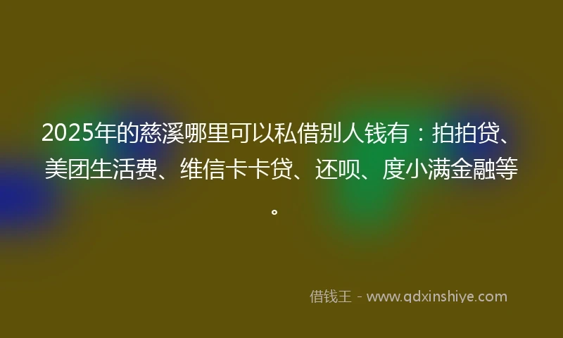 2025年的慈溪哪里可以私借别人钱有：拍拍贷、美团生活费、维信卡卡贷、还呗、度小满金融等。