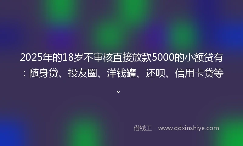 2025年的18岁不审核直接放款5000的小额贷有:随身贷、投友圈、洋钱罐、还呗、信用卡贷等。