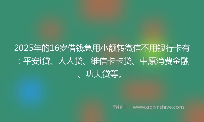 2025年的16岁借钱急用小额转微信不用银行卡有：平安i贷、人人贷、维信卡卡贷、中原消费金融、功夫贷等。