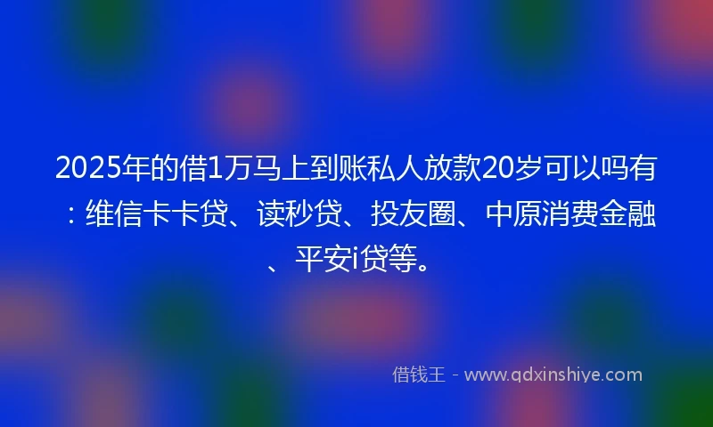 2025年的借1万马上到账私人放款20岁可以吗有：维信卡卡贷、读秒贷、投友圈、中原消费金融、平安i贷等。