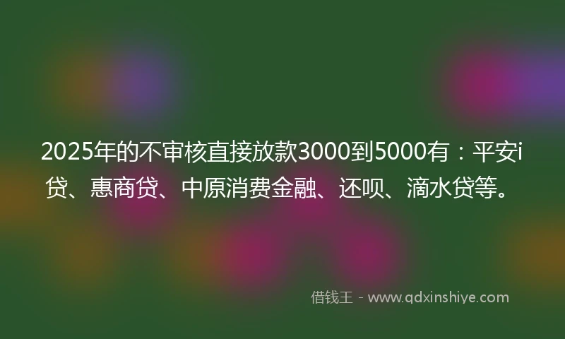 2025年的不审核直接放款3000到5000有：平安i贷、惠商贷、中原消费金融、还呗、滴水贷等。