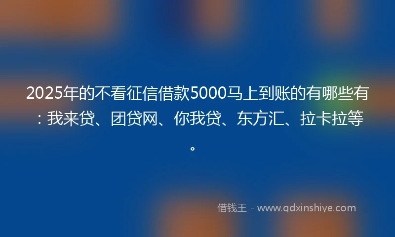 2025年的不看征信借款5000马上到账的有哪些有：我来贷、团贷网、你我贷、东方汇、拉卡拉等。