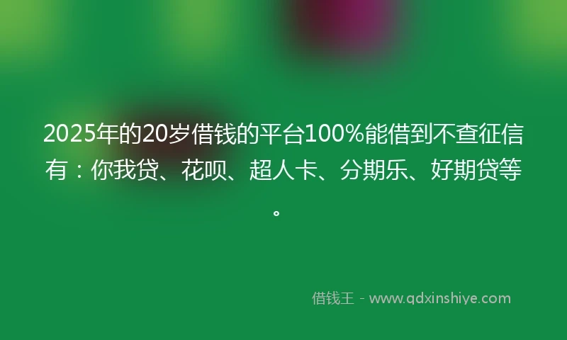 2025年的20岁借钱的平台100%能借到不查征信有：你我贷、花呗、超人卡、分期乐、好期贷等。