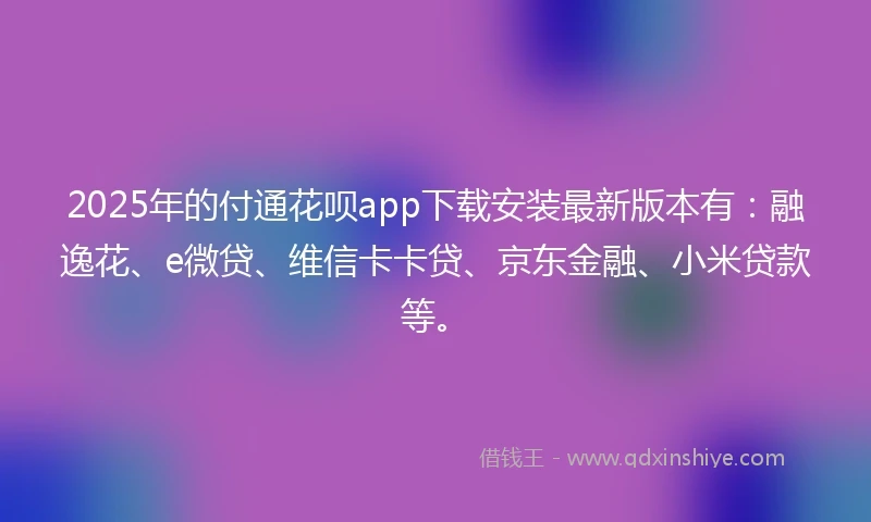 2025年的付通花呗app下载安装最新版本有：融逸花、e微贷、维信卡卡贷、京东金融、小米贷款等。