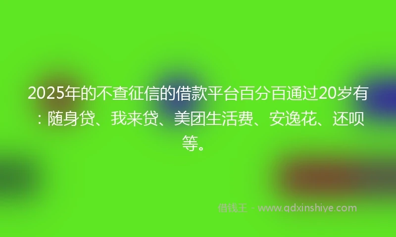 2025年的不查征信的借款平台百分百通过20岁有：随身贷、我来贷、美团生活费、安逸花、还呗等。