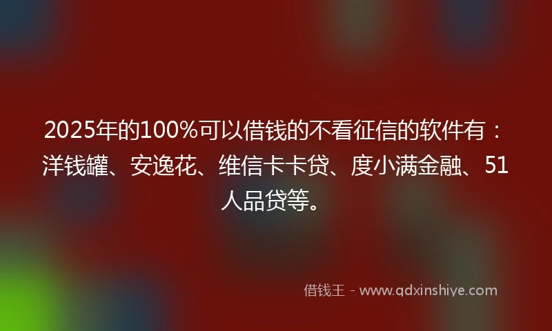 2025年的100%可以借钱的不看征信的软件有：洋钱罐、安逸花、维信卡卡贷、度小满金融、51人品贷等。