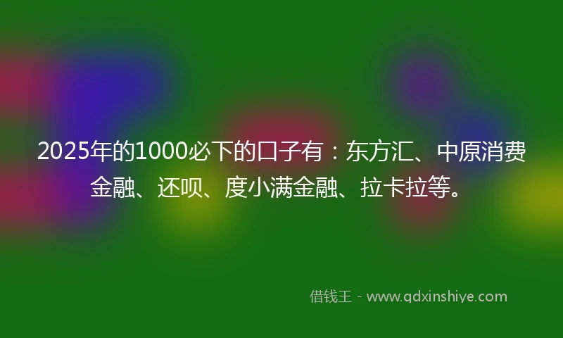 2025年的1000必下的口子有：东方汇、中原消费金融、还呗、度小满金融、拉卡拉等。
