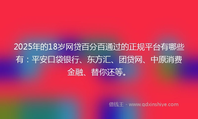 2025年的18岁网贷百分百通过的正规平台有哪些有：平安口袋银行、东方汇、团贷网、中原消费金融、替你还等。
