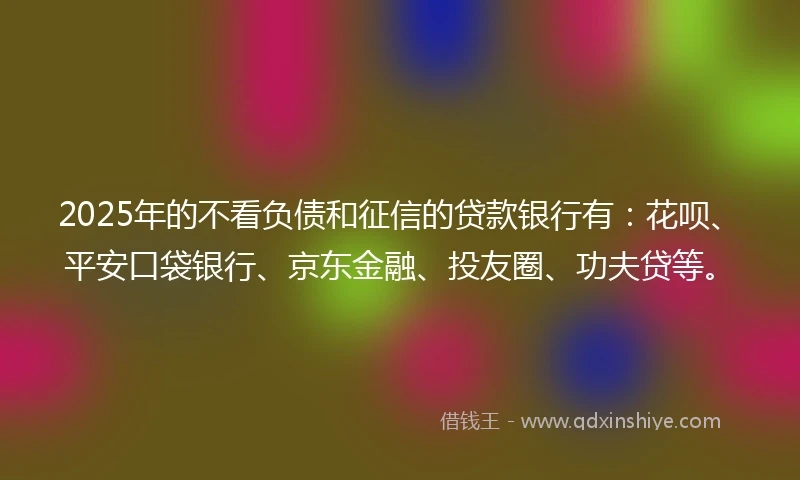 2025年的不看负债和征信的贷款银行有：花呗、平安口袋银行、京东金融、投友圈、功夫贷等。