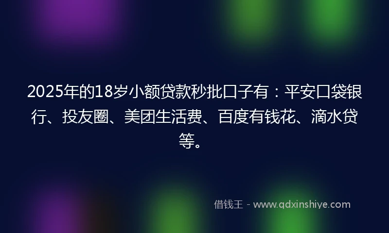 2025年的18岁小额贷款秒批口子有：平安口袋银行、投友圈、美团生活费、百度有钱花、滴水贷等。