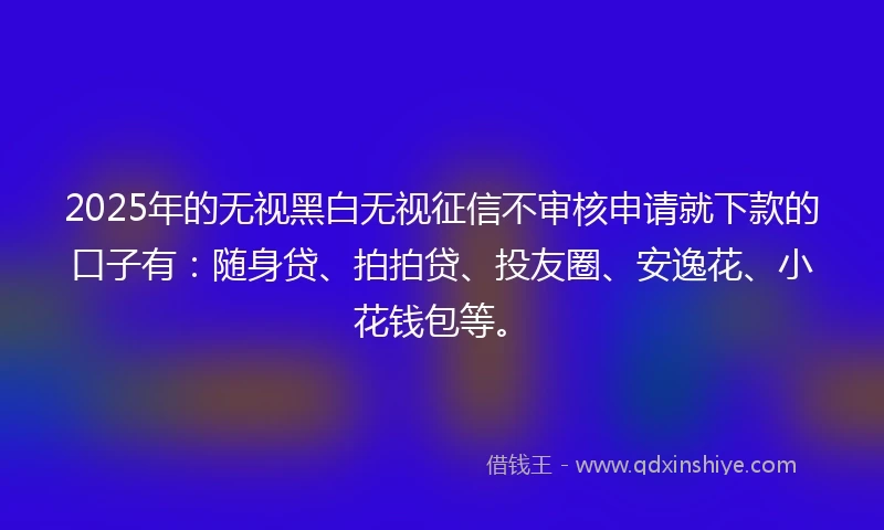 2025年的无视黑白无视征信不审核申请就下款的口子有：随身贷、拍拍贷、投友圈、安逸花、小花钱包等。