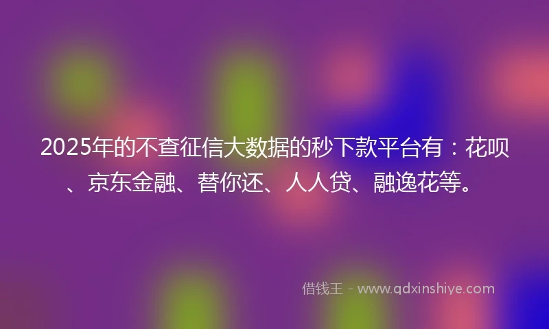 2025年的不查征信大数据的秒下款平台有：花呗、京东金融、替你还、人人贷、融逸花等。