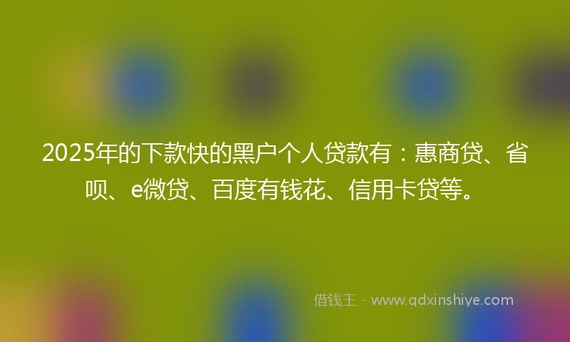2025年的下款快的黑户个人贷款有：惠商贷、省呗、e微贷、百度有钱花、信用卡贷等。