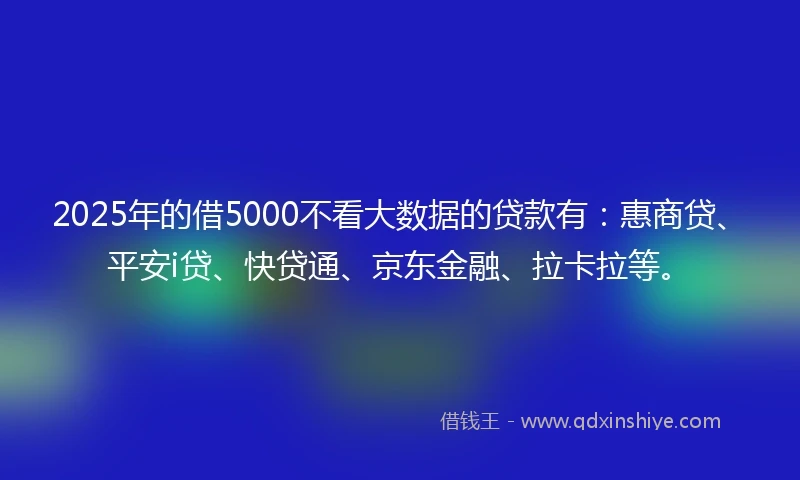 2025年的借5000不看大数据的贷款有：惠商贷、平安i贷、快贷通、京东金融、拉卡拉等。