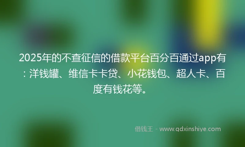 2025年的不查征信的借款平台百分百通过app有：洋钱罐、维信卡卡贷、小花钱包、超人卡、百度有钱花等。