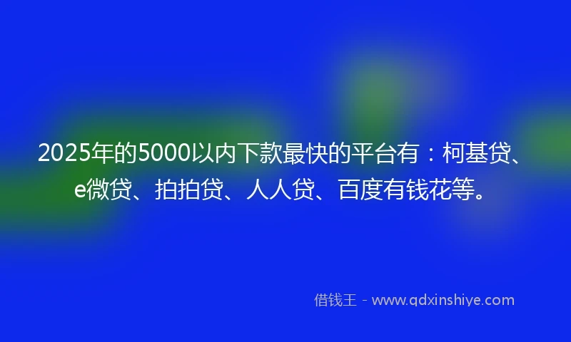 2025年的5000以内下款最快的平台有：柯基贷、e微贷、拍拍贷、人人贷、百度有钱花等。