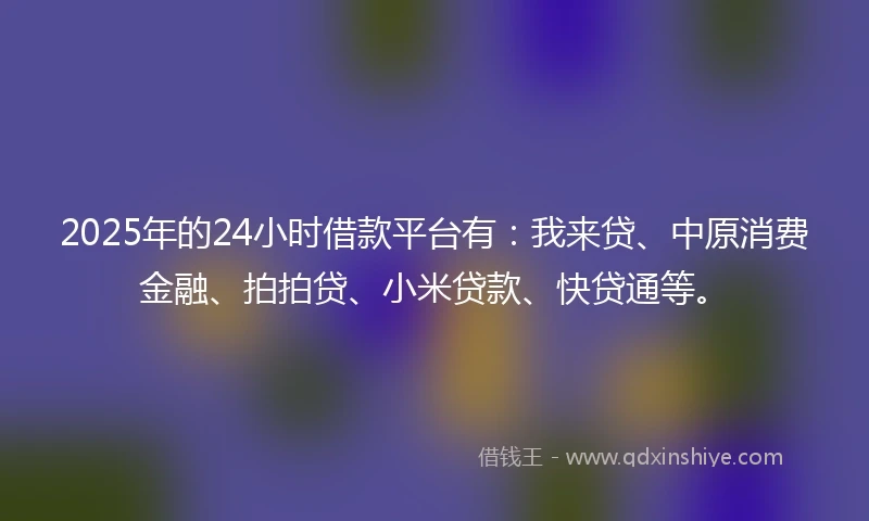 2025年的24小时借款平台有：我来贷、中原消费金融、拍拍贷、小米贷款、快贷通等。