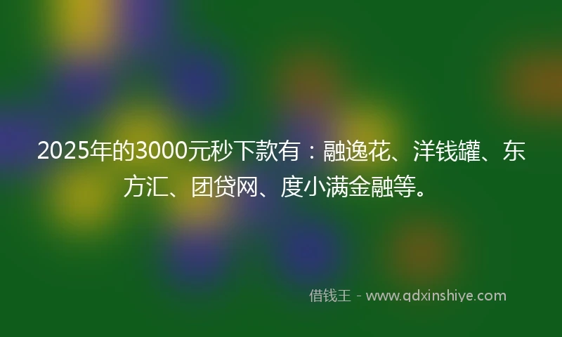 2025年的3000元秒下款有：融逸花、洋钱罐、东方汇、团贷网、度小满金融等。