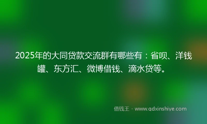 2025年的大同贷款交流群有哪些有：省呗、洋钱罐、东方汇、微博借钱、滴水贷等。