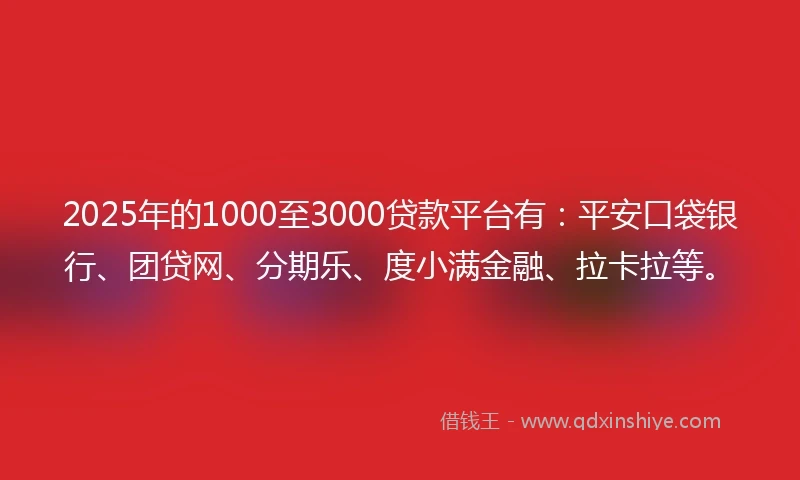 2025年的1000至3000贷款平台有：平安口袋银行、团贷网、分期乐、度小满金融、拉卡拉等。