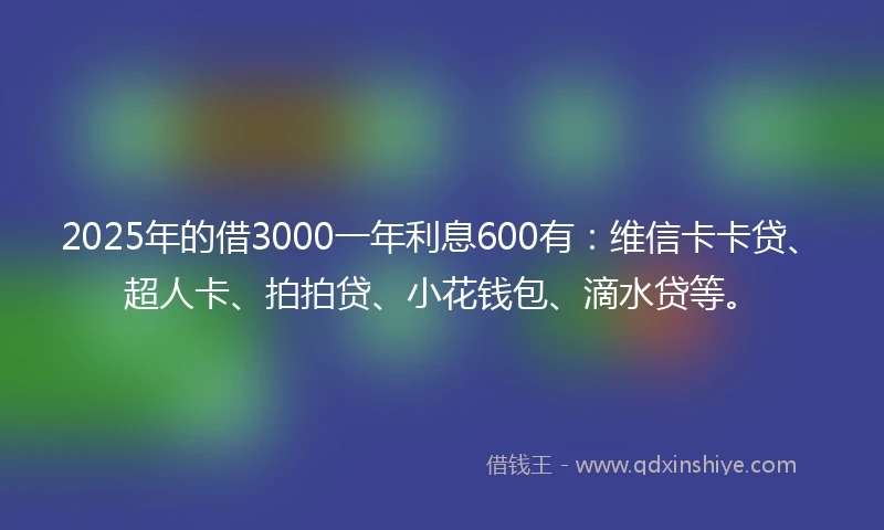 2025年的借3000一年利息600有：维信卡卡贷、超人卡、拍拍贷、小花钱包、滴水贷等。