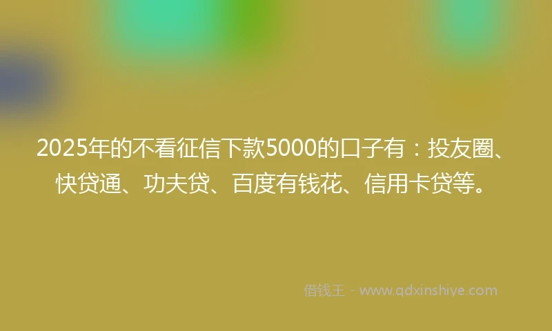 2025年的不看征信下款5000的口子有：投友圈、快贷通、功夫贷、百度有钱花、信用卡贷等。