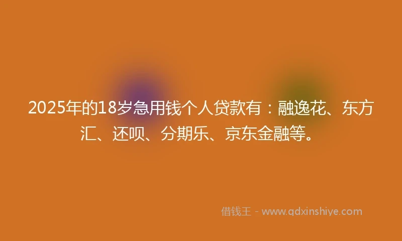 2025年的18岁急用钱个人贷款有：融逸花、东方汇、还呗、分期乐、京东金融等。