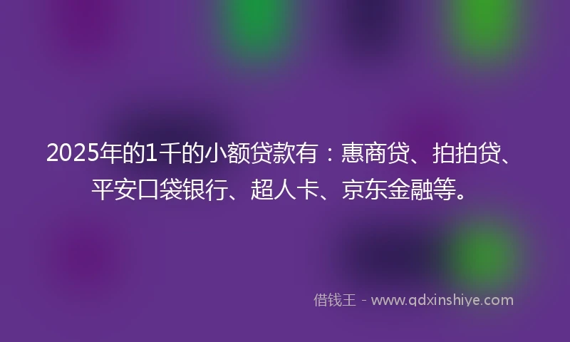 2025年的1千的小额贷款有：惠商贷、拍拍贷、平安口袋银行、超人卡、京东金融等。