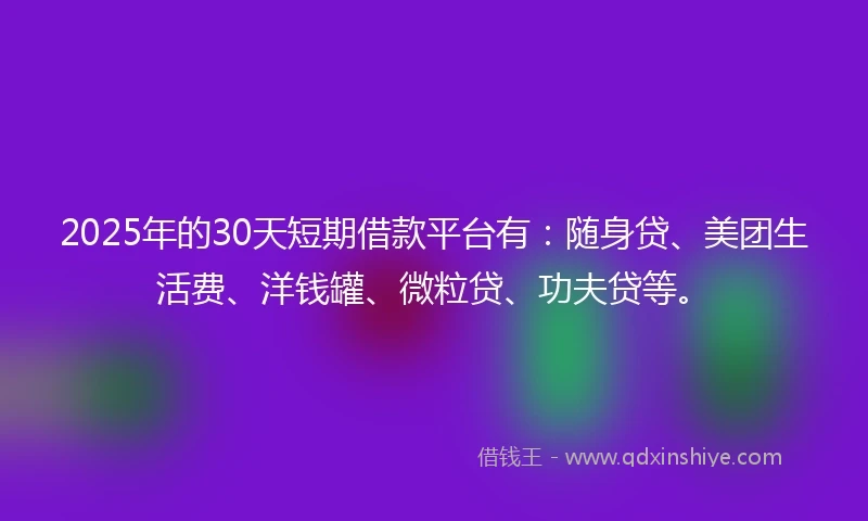2025年的30天短期借款平台有：随身贷、美团生活费、洋钱罐、微粒贷、功夫贷等。