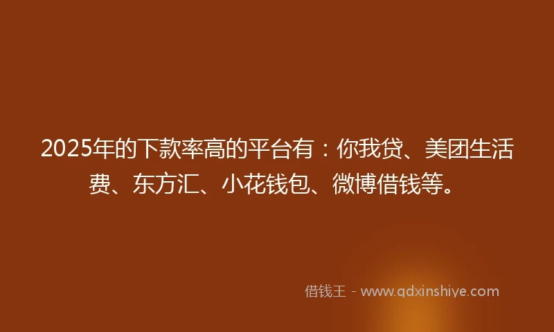 2025年的下款率高的平台有：你我贷、美团生活费、东方汇、小花钱包、微博借钱等。