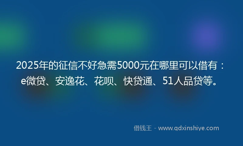 2025年的征信不好急需5000元在哪里可以借有：e微贷、安逸花、花呗、快贷通、51人品贷等。