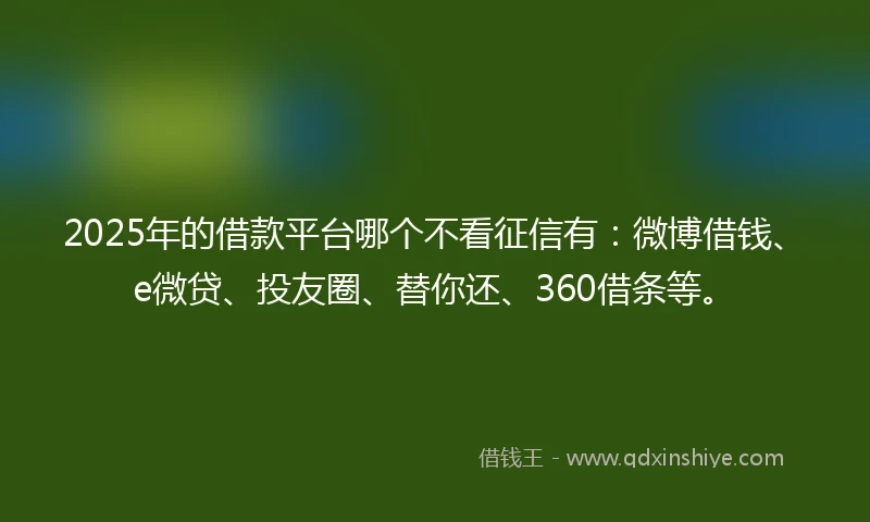 2025年的借款平台哪个不看征信有：微博借钱、e微贷、投友圈、替你还、360借条等。