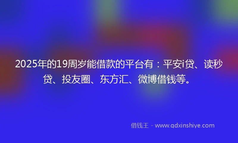 2025年的19周岁能借款的平台有：平安i贷、读秒贷、投友圈、东方汇、微博借钱等。