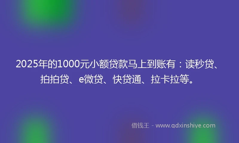 2025年的1000元小额贷款马上到账有：读秒贷、拍拍贷、e微贷、快贷通、拉卡拉等。