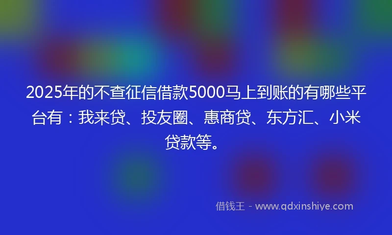 2025年的不查征信借款5000马上到账的有哪些平台有：我来贷、投友圈、惠商贷、东方汇、小米贷款等。