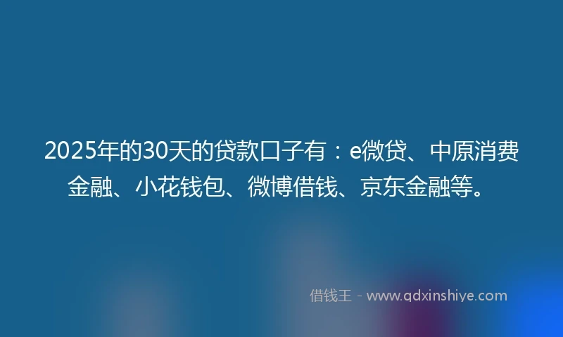 2025年的30天的贷款口子有：e微贷、中原消费金融、小花钱包、微博借钱、京东金融等。