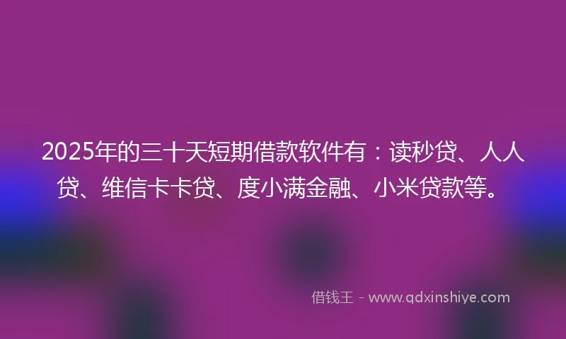 2025年的三十天短期借款软件有：读秒贷、人人贷、维信卡卡贷、度小满金融、小米贷款等。