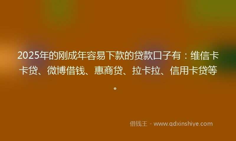 2025年的刚成年容易下款的贷款口子有：维信卡卡贷、微博借钱、惠商贷、拉卡拉、信用卡贷等。