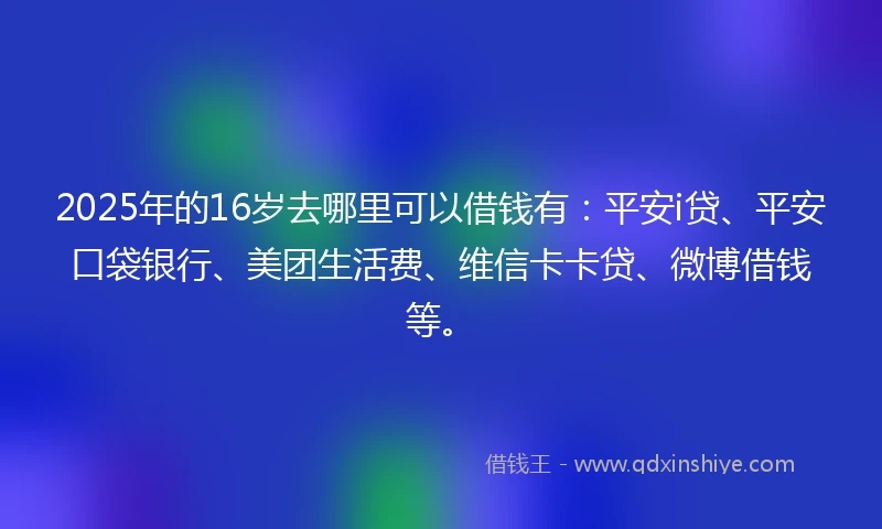2025年的16岁去哪里可以借钱有：平安i贷、平安口袋银行、美团生活费、维信卡卡贷、微博借钱等。