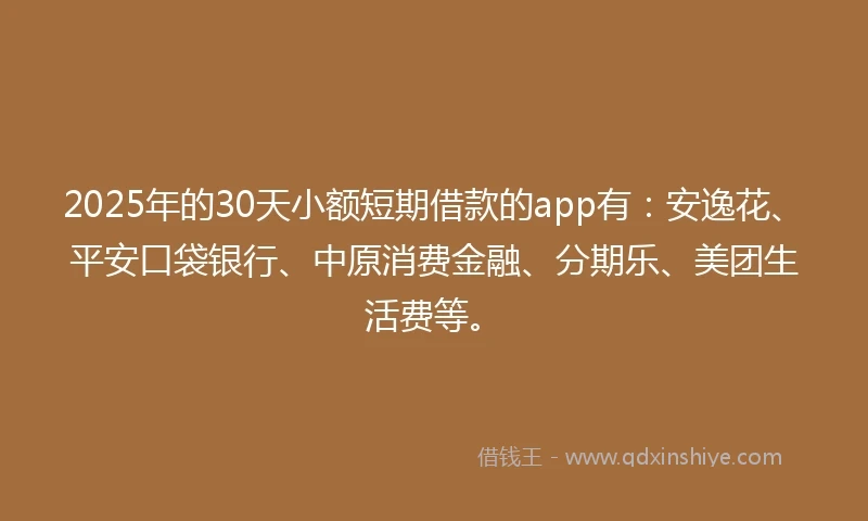 2025年的30天小额短期借款的app有：安逸花、平安口袋银行、中原消费金融、分期乐、美团生活费等。