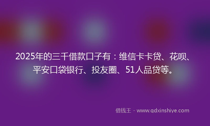 2025年的三千借款口子有：维信卡卡贷、花呗、平安口袋银行、投友圈、51人品贷等。