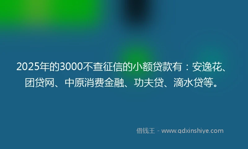 2025年的3000不查征信的小额贷款有：安逸花、团贷网、中原消费金融、功夫贷、滴水贷等。