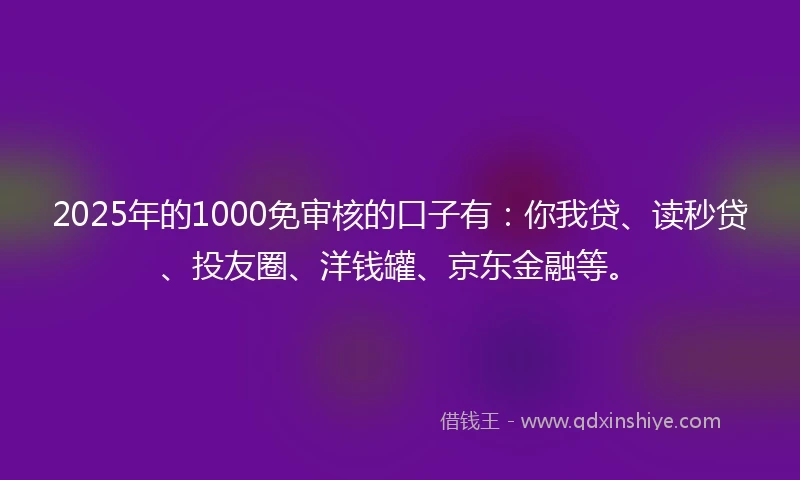 2025年的1000免审核的口子有：你我贷、读秒贷、投友圈、洋钱罐、京东金融等。