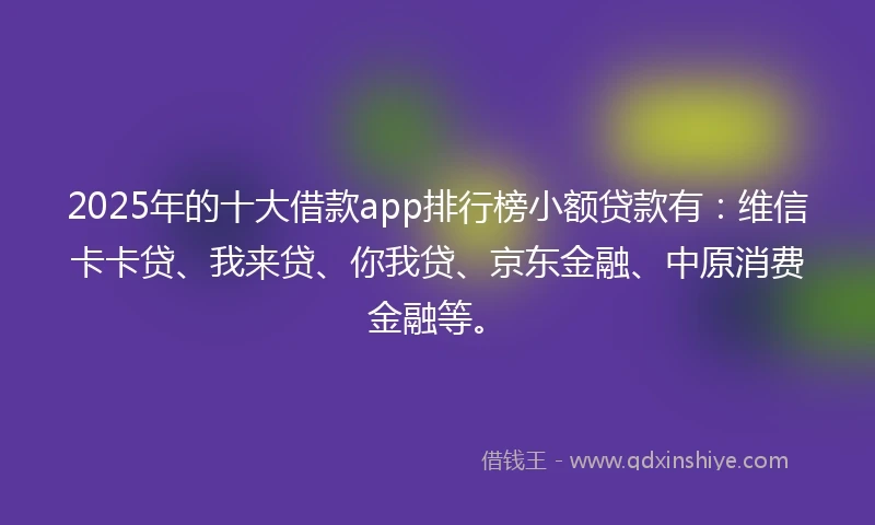 2025年的十大借款app排行榜小额贷款有：维信卡卡贷、我来贷、你我贷、京东金融、中原消费金融等。