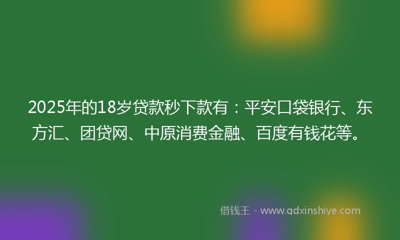 2025年的18岁贷款秒下款有：平安口袋银行、东方汇、团贷网、中原消费金融、百度有钱花等。