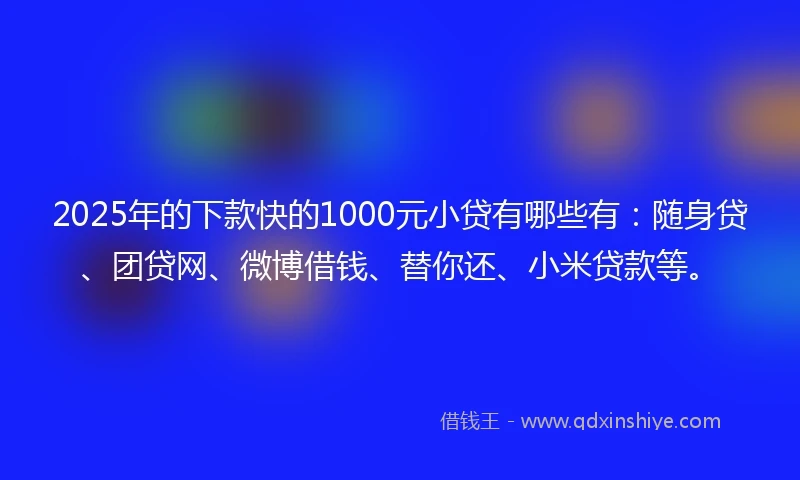 2025年的下款快的1000元小贷有哪些有：随身贷、团贷网、微博借钱、替你还、小米贷款等。