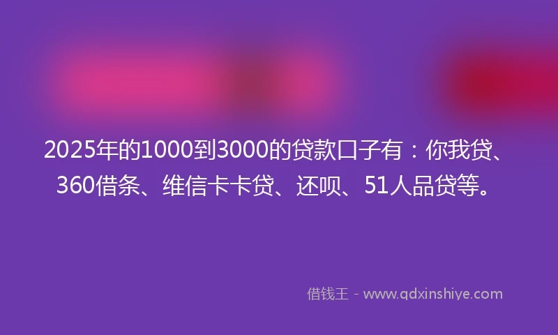 2025年的1000到3000的贷款口子有：你我贷、360借条、维信卡卡贷、还呗、51人品贷等。