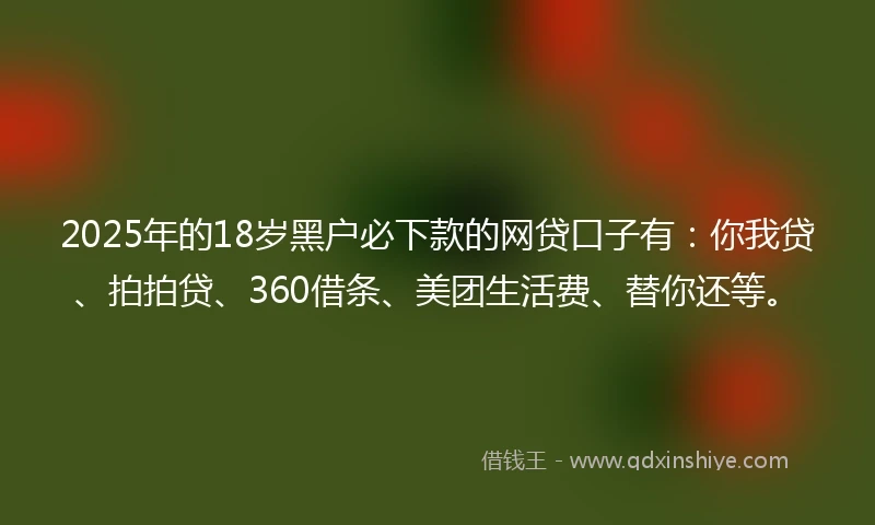 2025年的18岁黑户必下款的网贷口子有：你我贷、拍拍贷、360借条、美团生活费、替你还等。